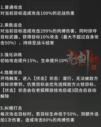 亮剑老狐怎么样 角色技能介绍 